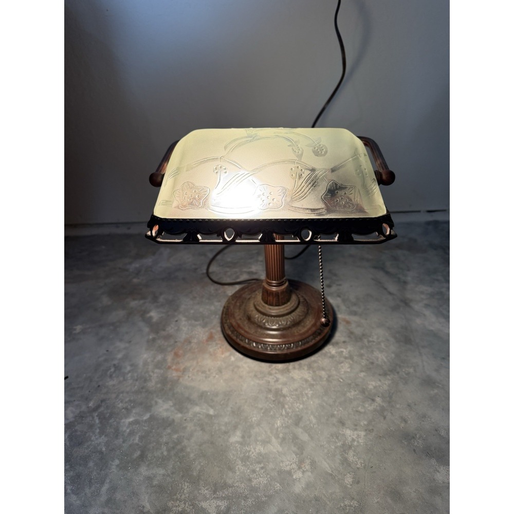 Vintage Art Deco Desk Lamp Adjustable Slag Glass Shade Floral Etched Bronze Base